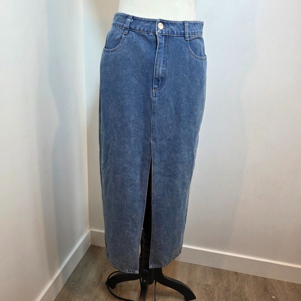 Women Long Denim Front Slit Maxi Skirt Cotton Western Preppy Medium Size 10